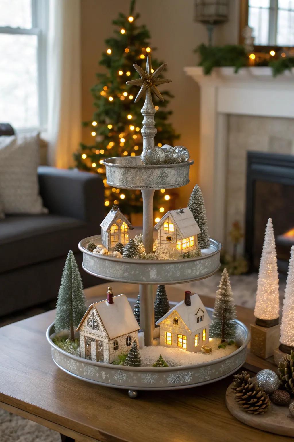 A beautiful tiny Christmas village staged on a multi-level display.