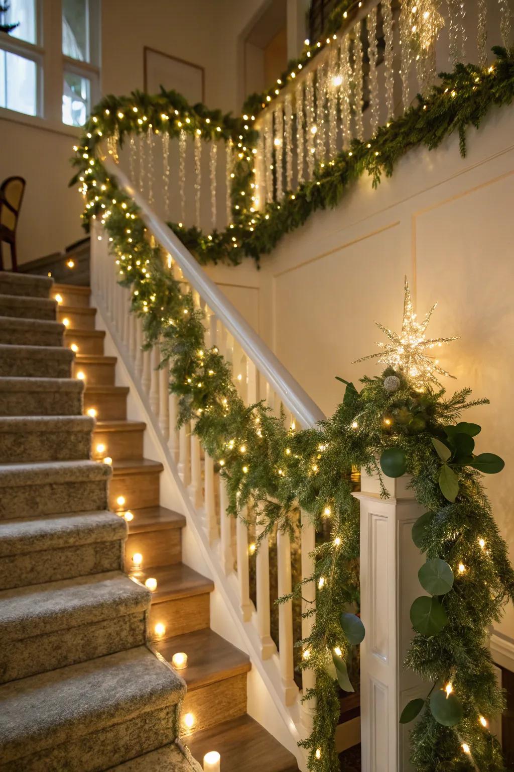 A staircase beautifully enhanced with sparkle ribbons, lights, and greenery for the holiday season.