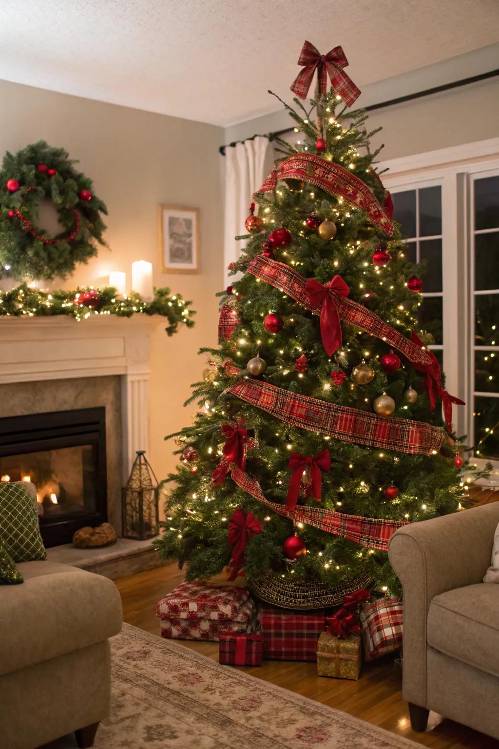 A quintessential scarlet and verdant Christmas tree accentuated with plaid ribbons exudes timeless charm.