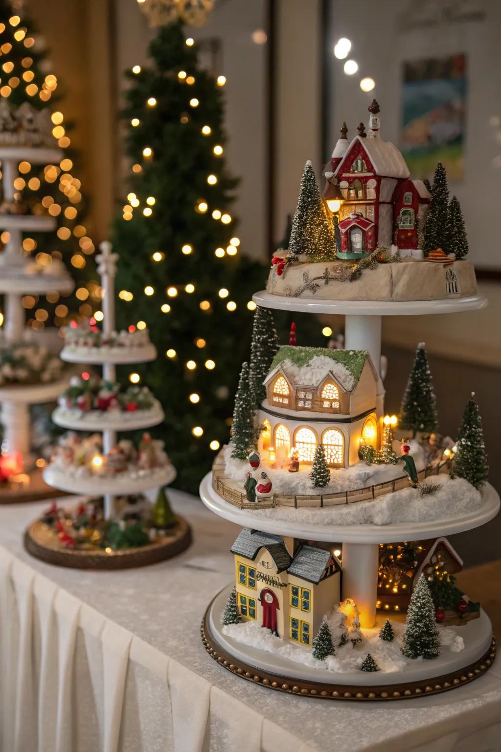 A Christmas village utilizes cake stands to create a tiered display with added beauty and scale.