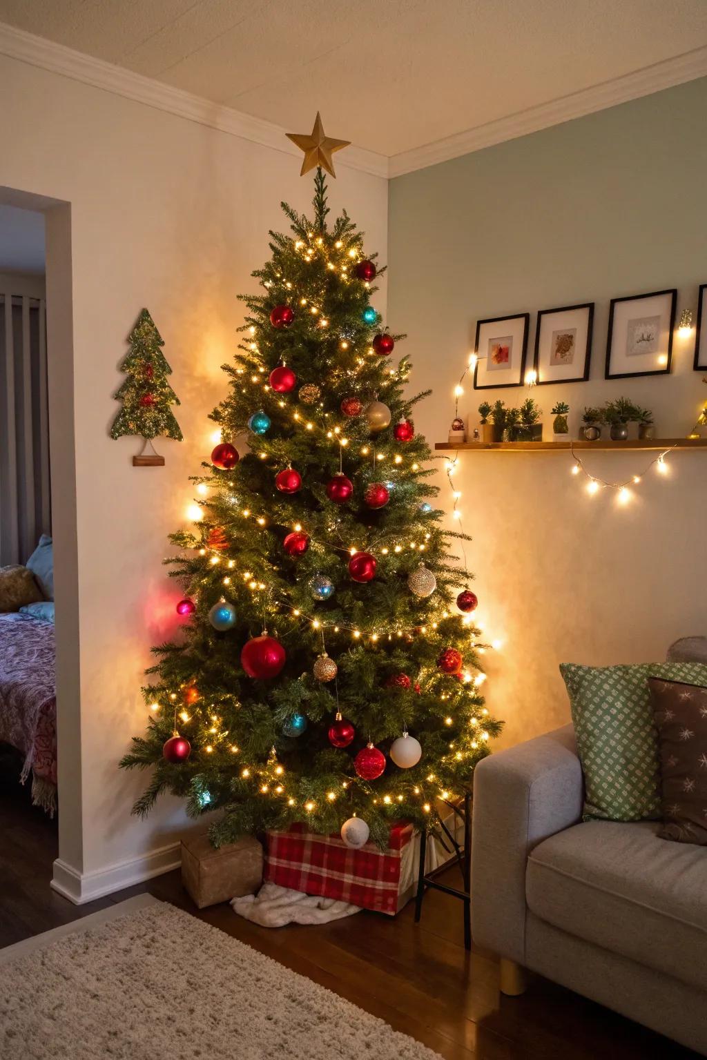An inventive Christmas tree, secured to the wall, aglow with lights and ornaments.
