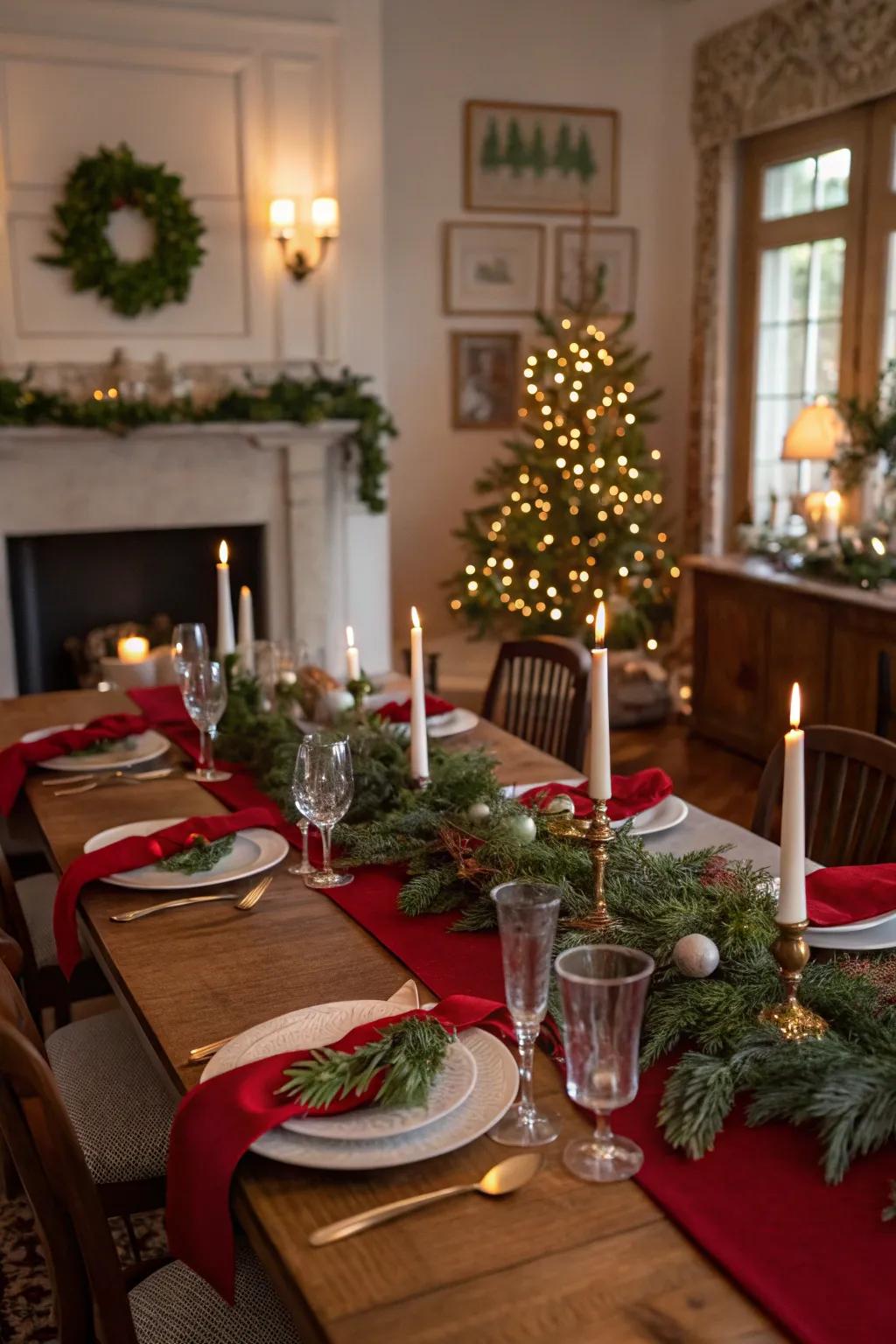 Timeless red and green elegance for a festive table arrangement.