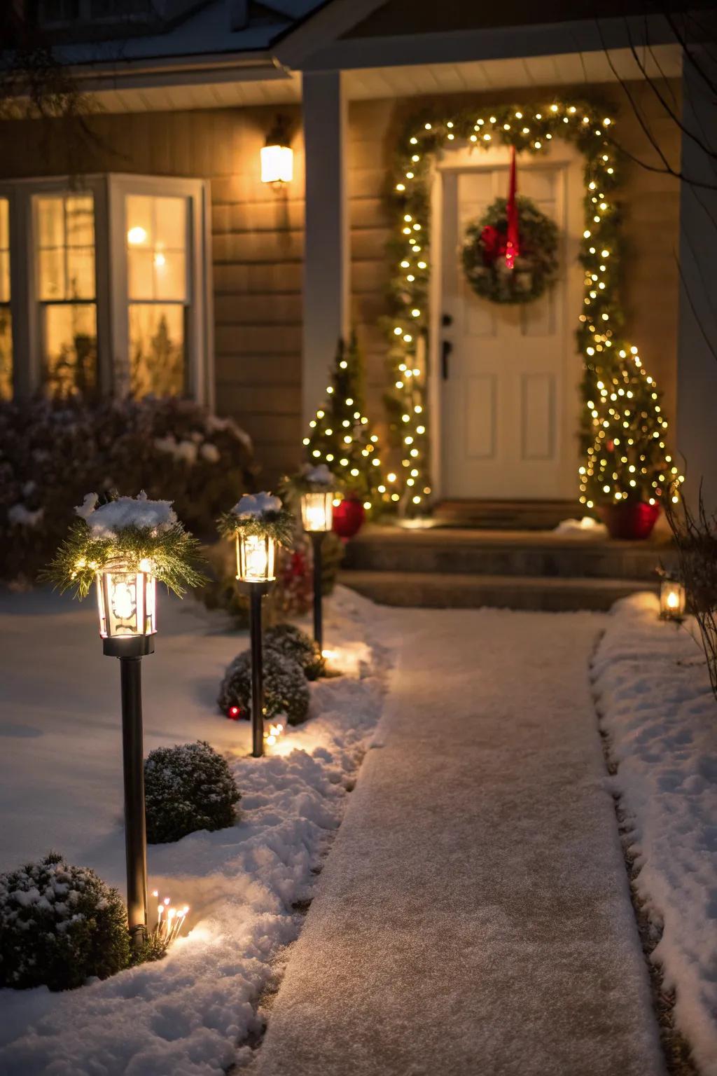 A pathway illuminated with seasonal stake lights, leading to a festive doorway.