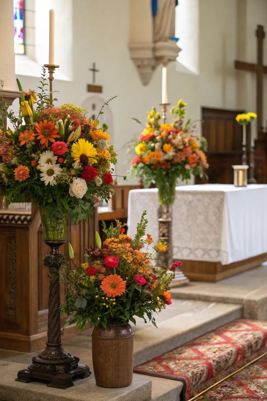 An altar filled with lively in-season flowers, introducing a fresh and vibrant touch.