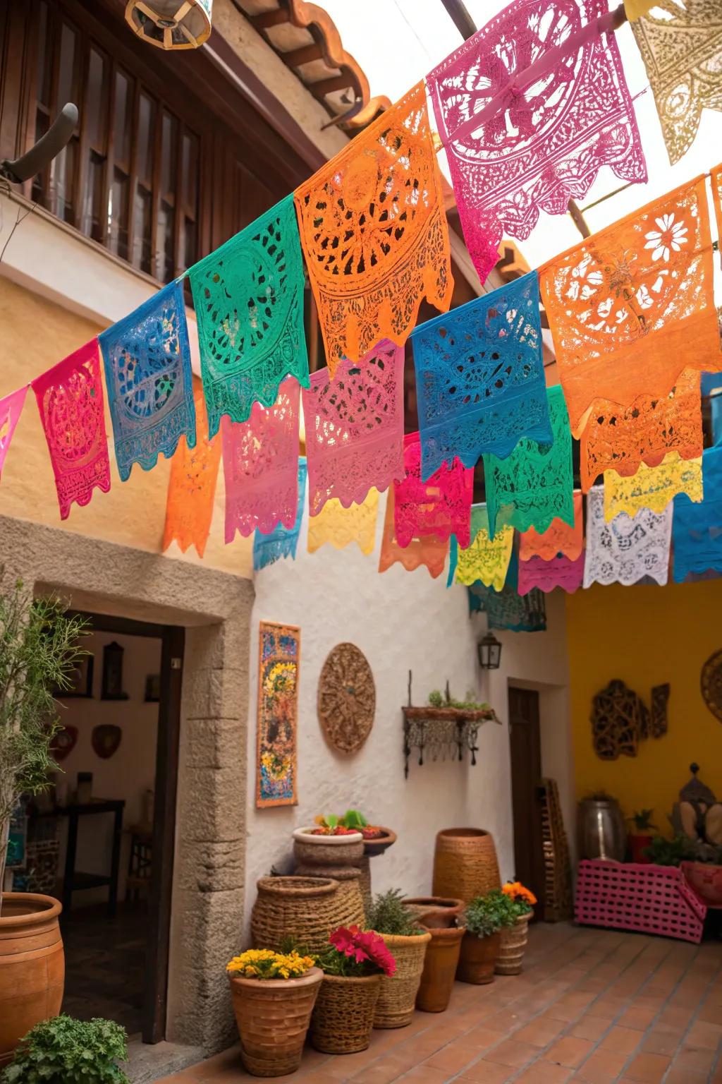 Lively papel picado flags bring an energetic feel to every Cinco de Mayo gathering.