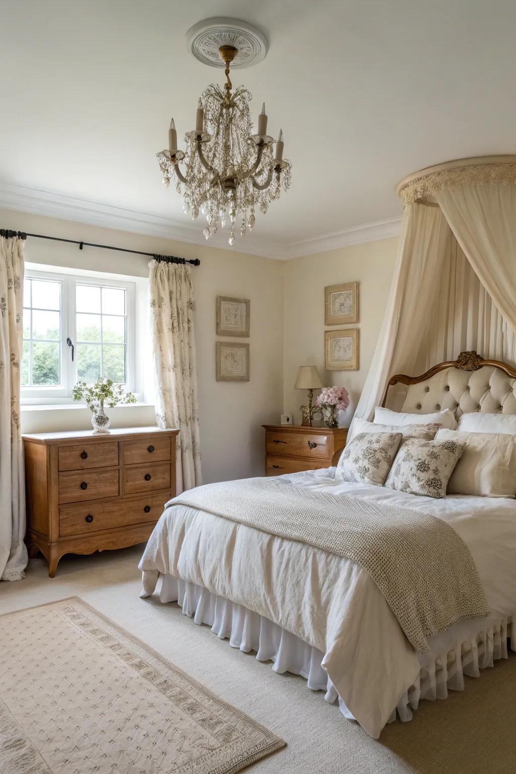 A peaceful bedroom featuring a soothing neutral color palette.