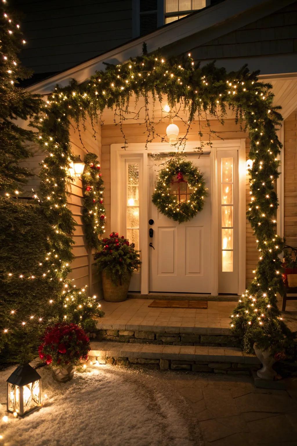 A welcoming entrance adorned with greenery and soft white lights.