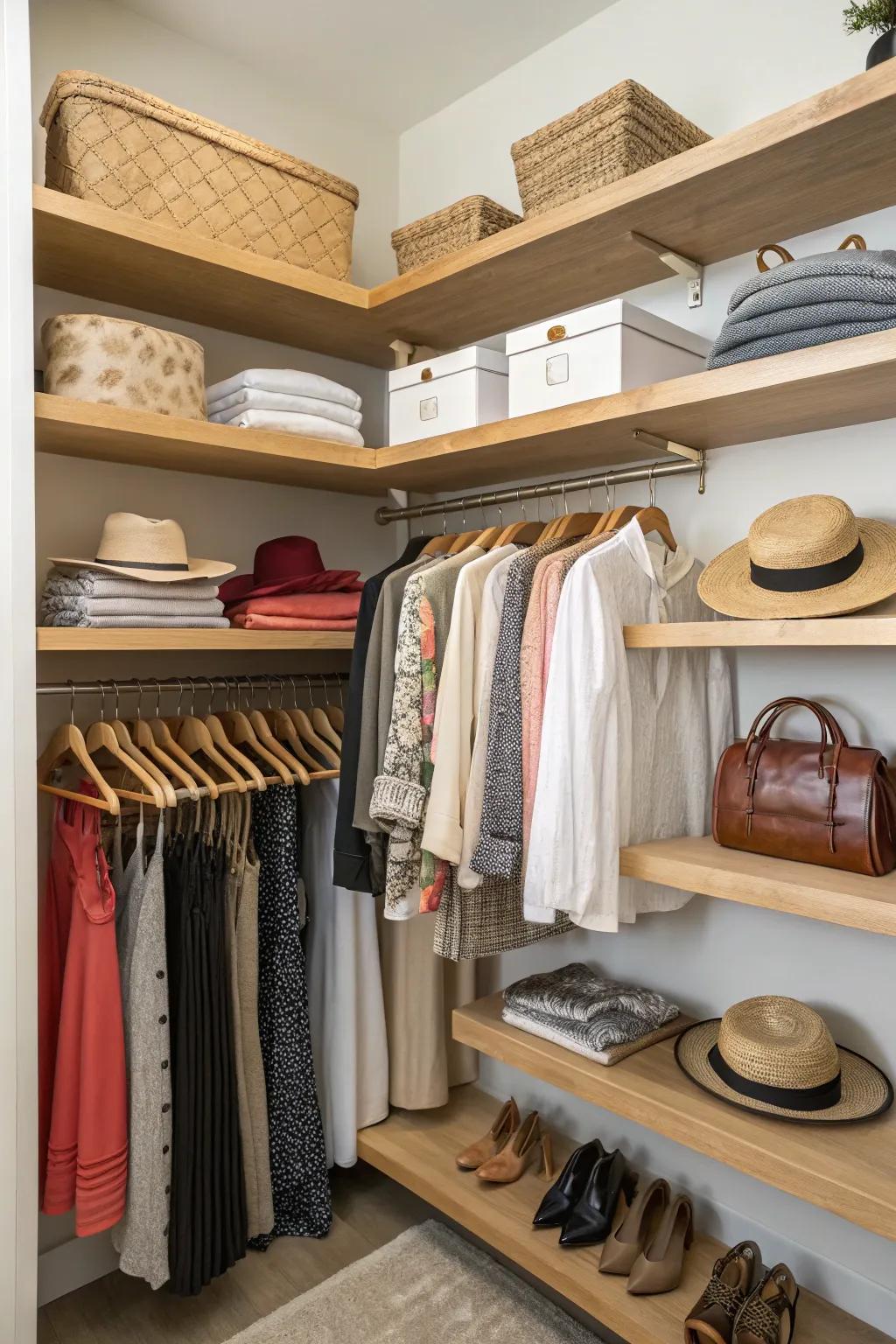 Utilize the vertical dimension with sophisticated corner shelves.