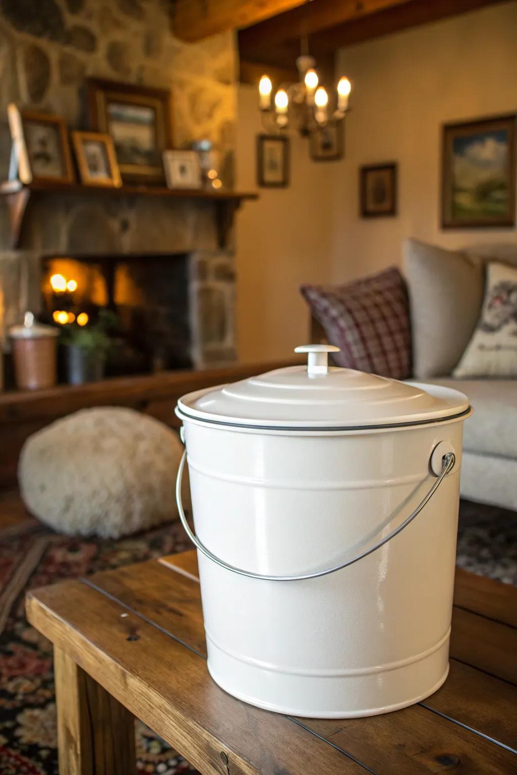 A traditional unmoistened receptacle with a flip-style lid harmonizes perfectly with a cozy, inviting home environment.