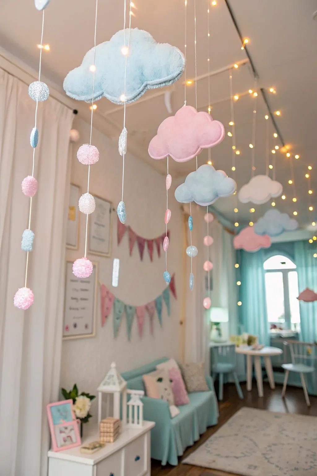 A room transformed into a dreamy sky using a fluffy cloud garland, creating an ethereal atmosphere.