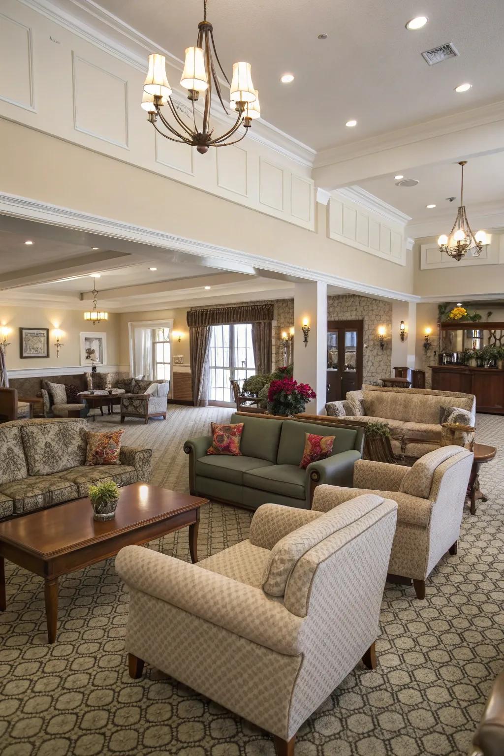 Open arrangements with diverse seating in a clubhouse.