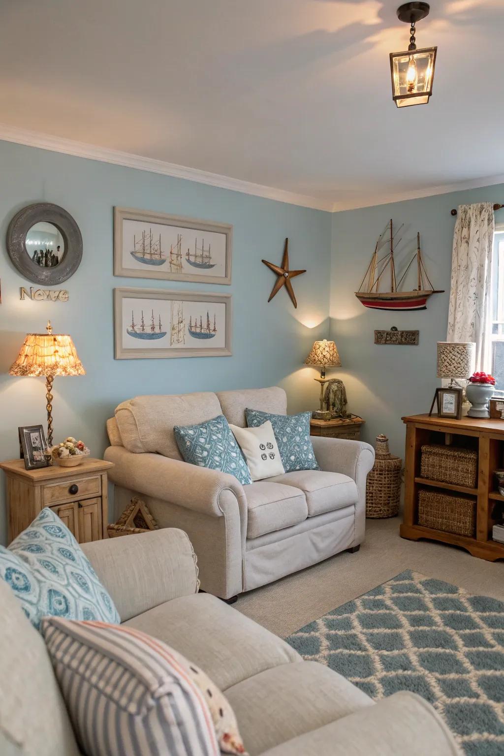A living room adorned with a soothing blue color scheme.