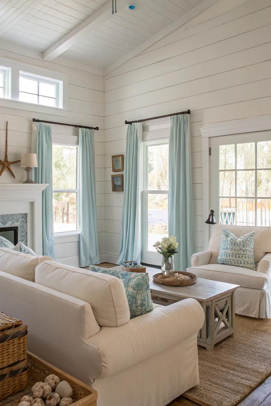 Neutral shades pave the way for a serene and welcoming coastal farmhouse setting.