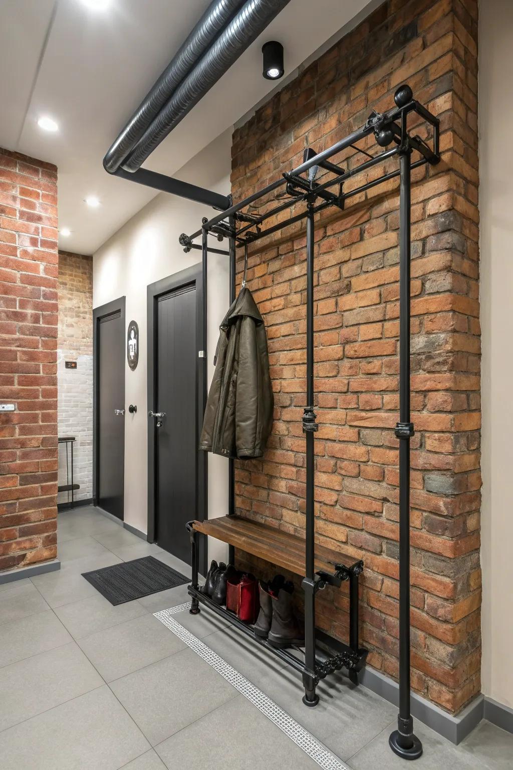 A coat rack with an industrial aesthetic constructed from metal conduits, adding distinctiveness to a contemporary entryway.