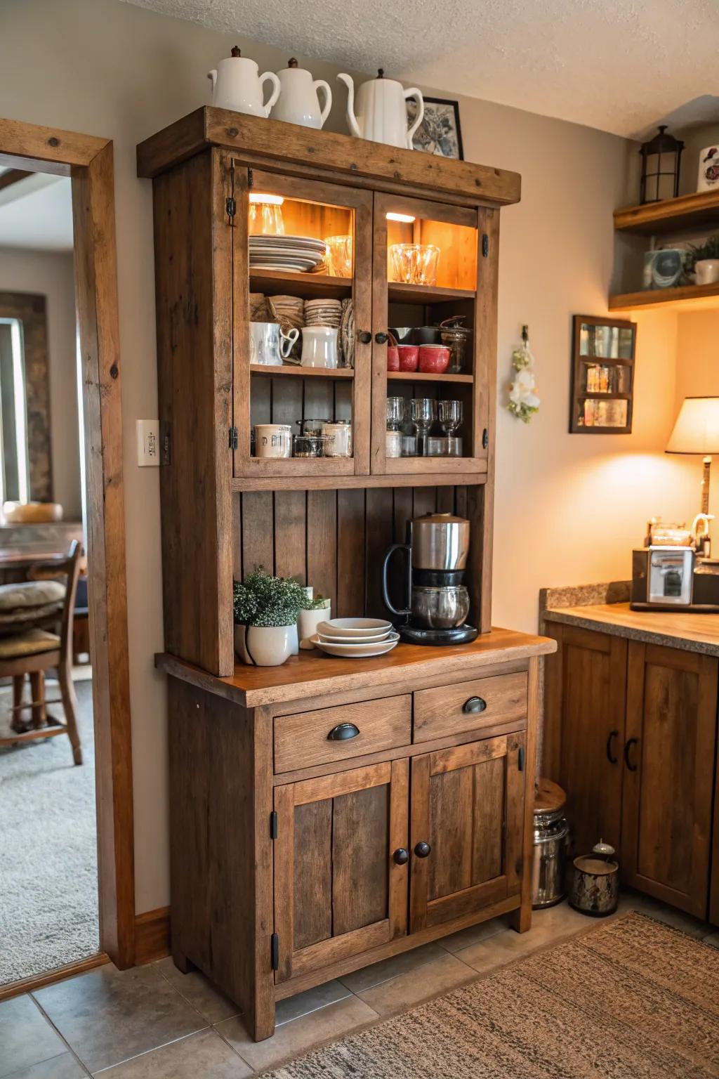 A countryside wooden cabinet that injects warmth and allure into the cooking space.