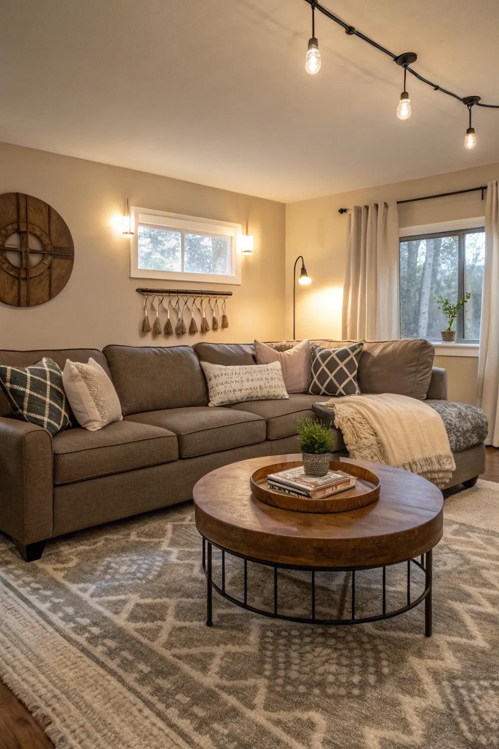 A round coffee table tempers the silhouette of a sectional sofa, imbuing refinement and comfort.