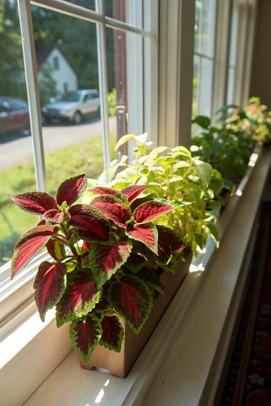 An energetic combination of scarlet and verdant 'Spectrum Leaf' plants delivers a captivating window box showcase.