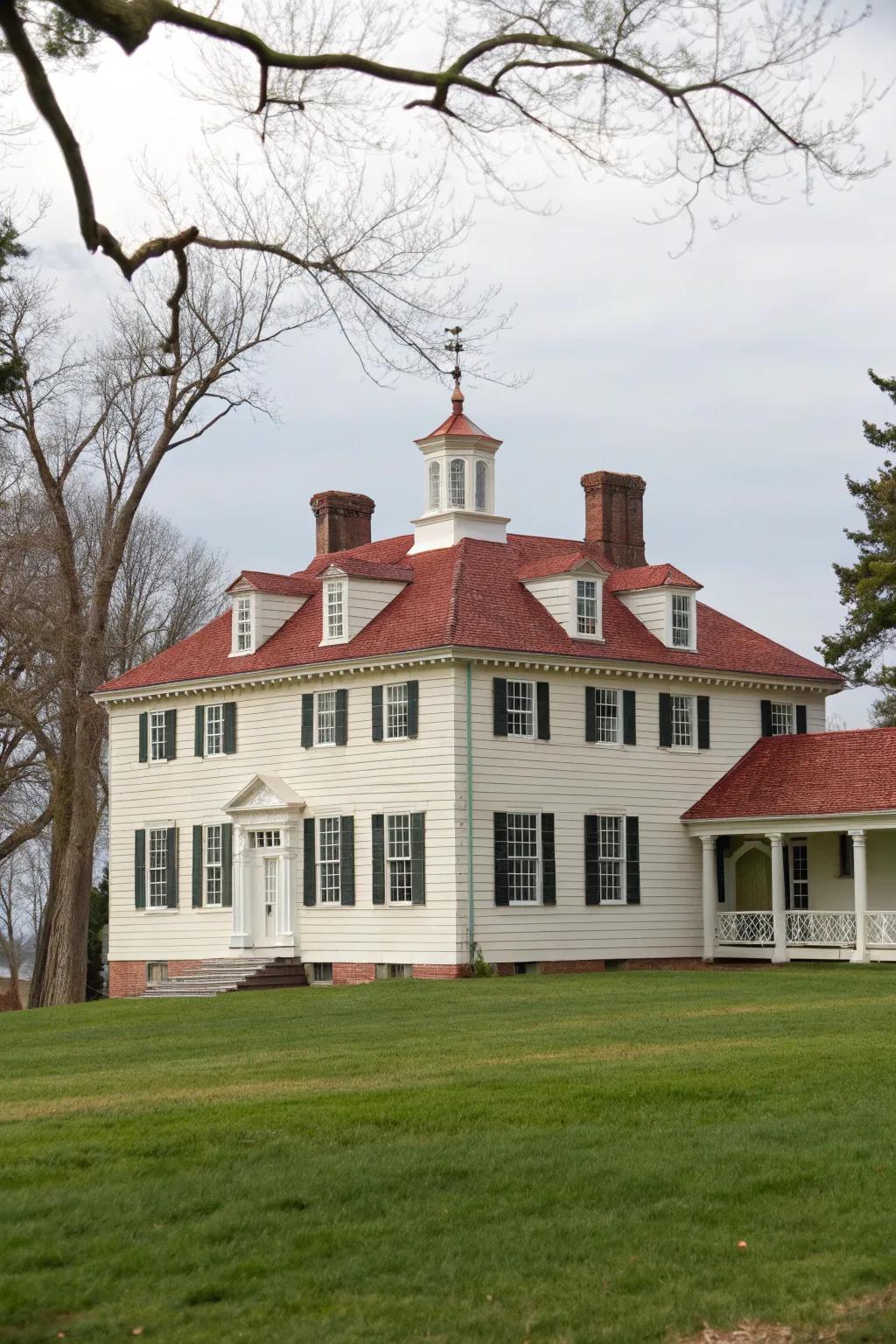 Symmetrical facade of a colonial home featuring balanced window arrangements.
