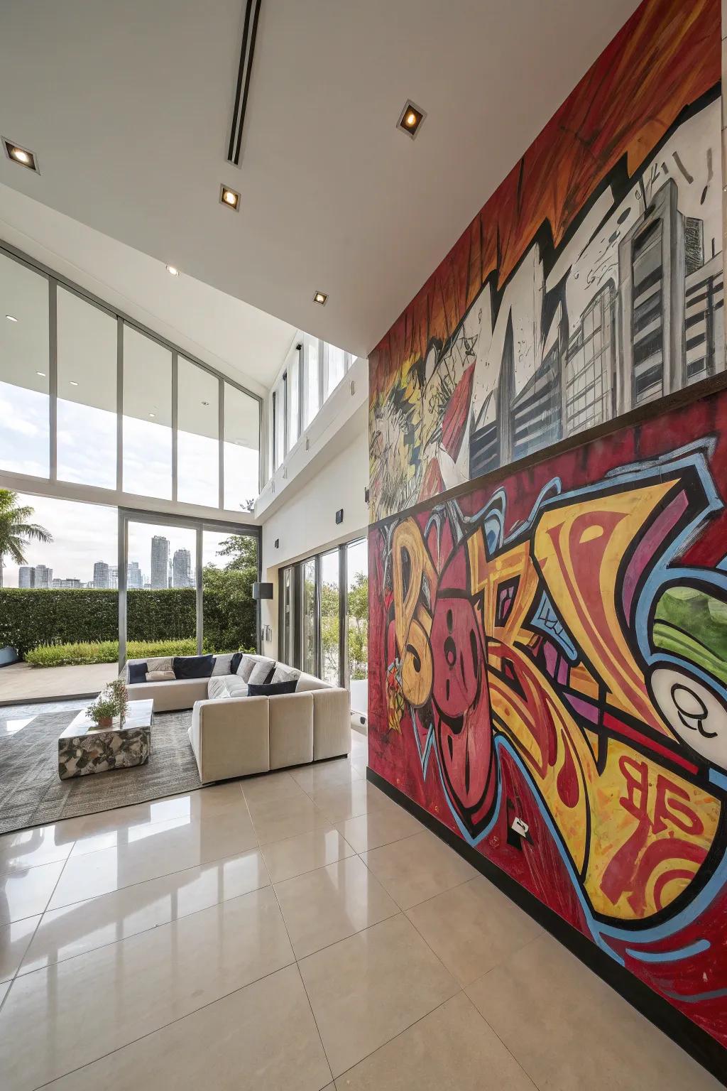 A stylish home showcasing a wall decorated with vivid and punchy graffiti colors.