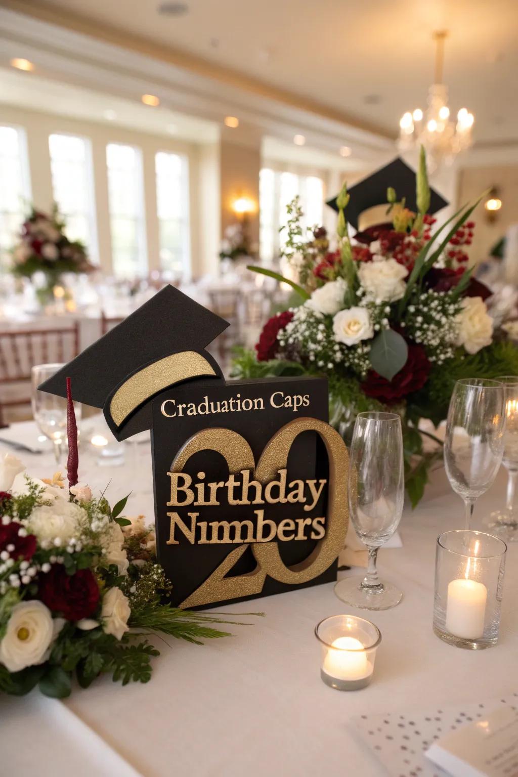 Centerpieces that meld graduation caps and birthday numbers for a joint celebration.
