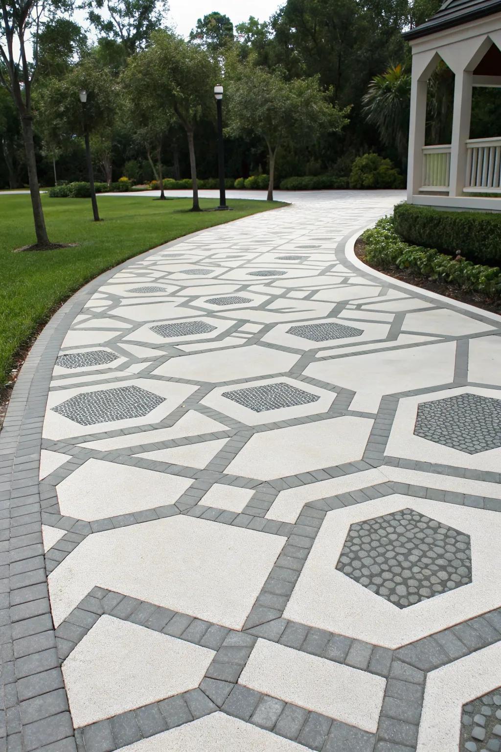 A driveway enhanced with geometric patterns for a cutting-edge look.