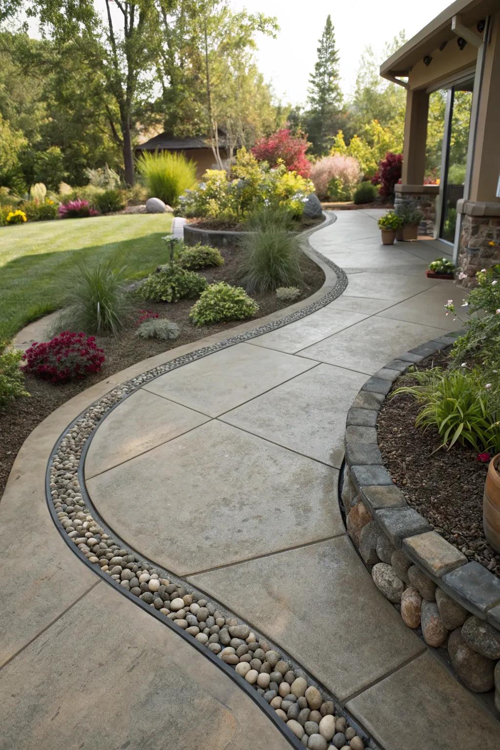 Curved stone borders introduce a smooth and sophisticated touch to a concrete patio.