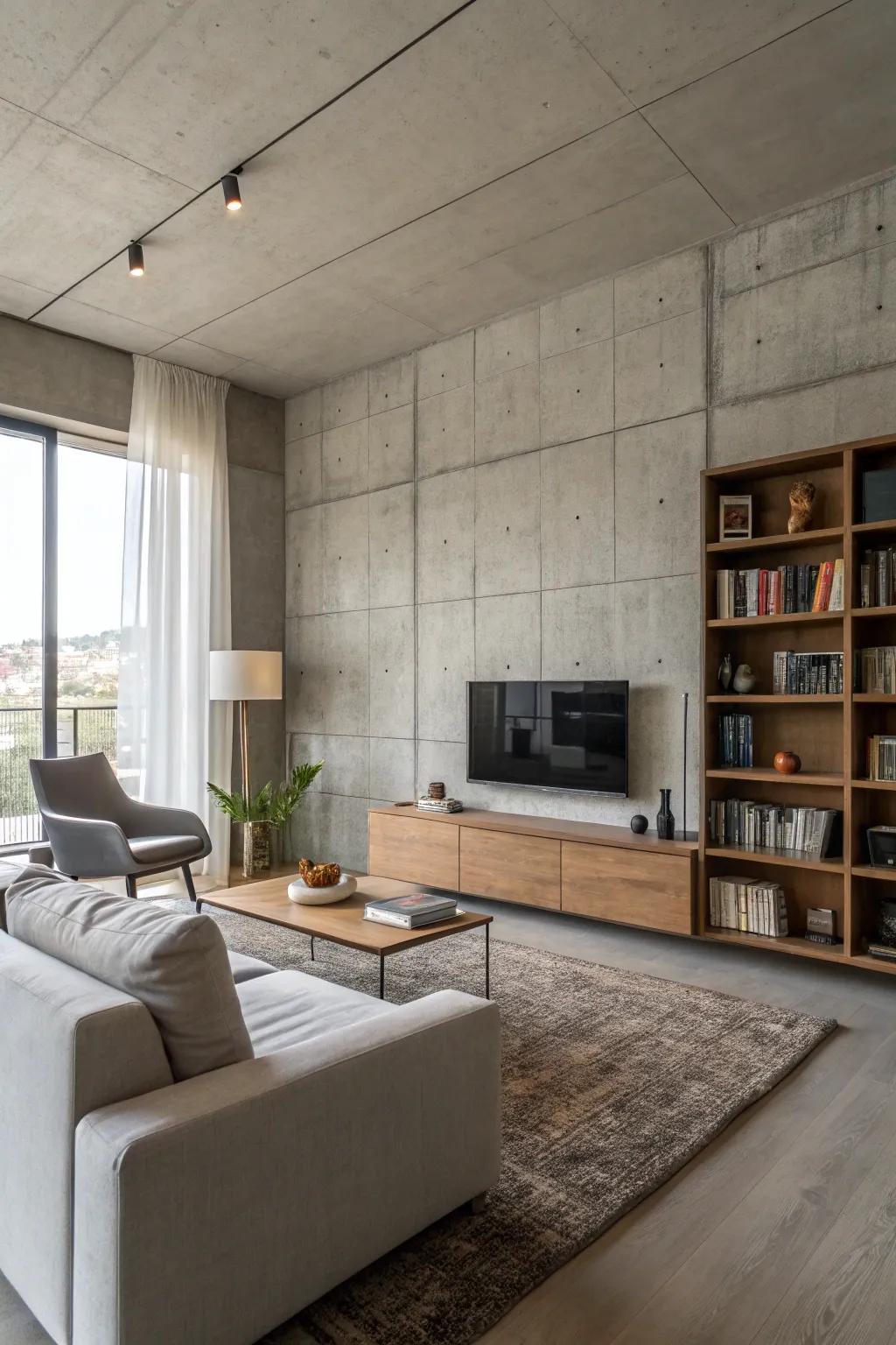 A minimalist living area with a concrete backdrop cultivates serenity.