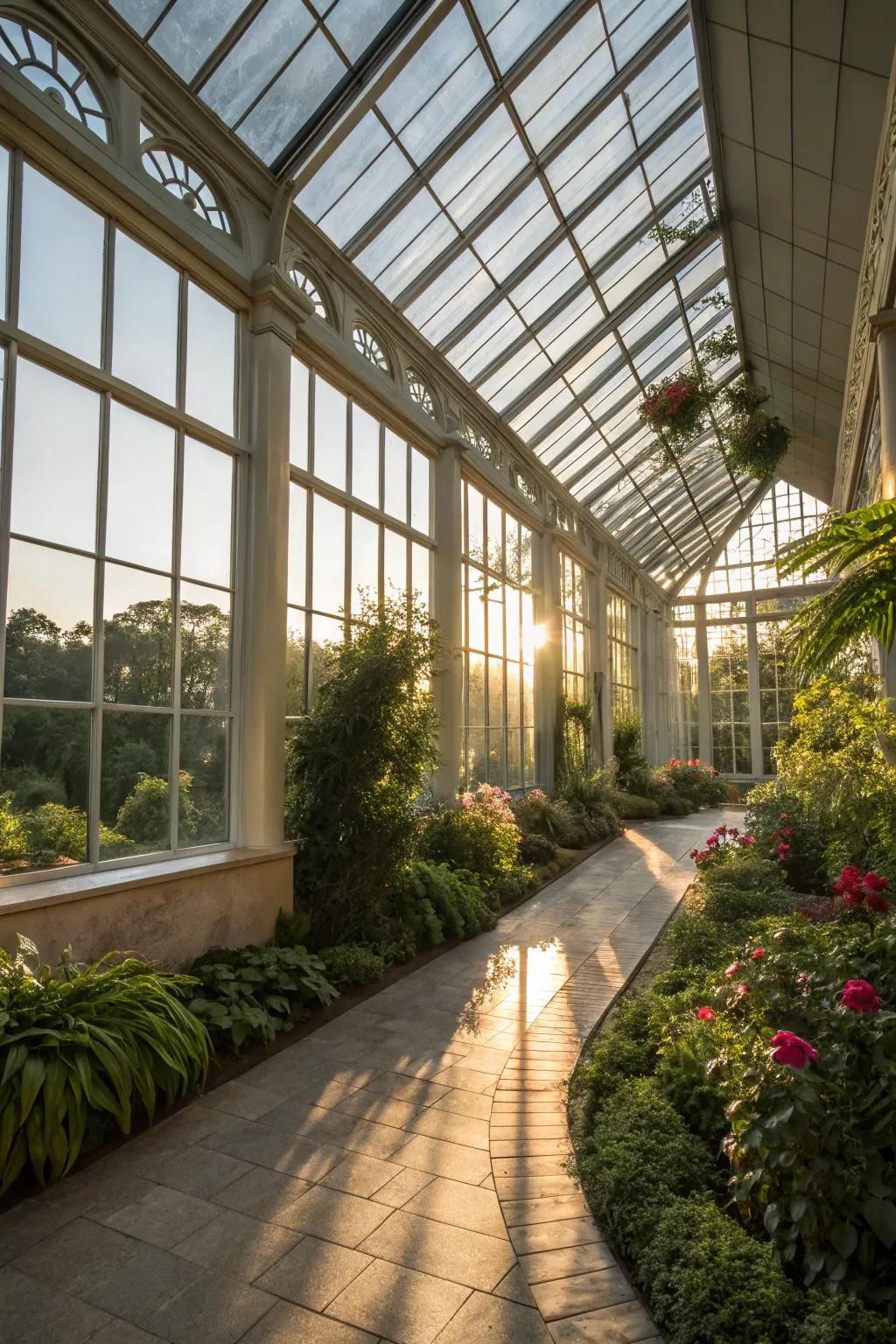 A stunning sunroom brimming with natural light streaming through glass windows and the roof.