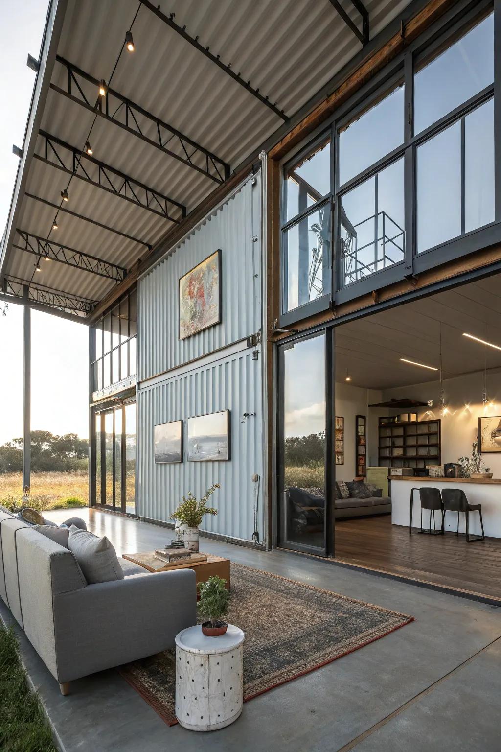 Open-concept living space inside a container home showcasing a smooth indoor-outdoor connection.