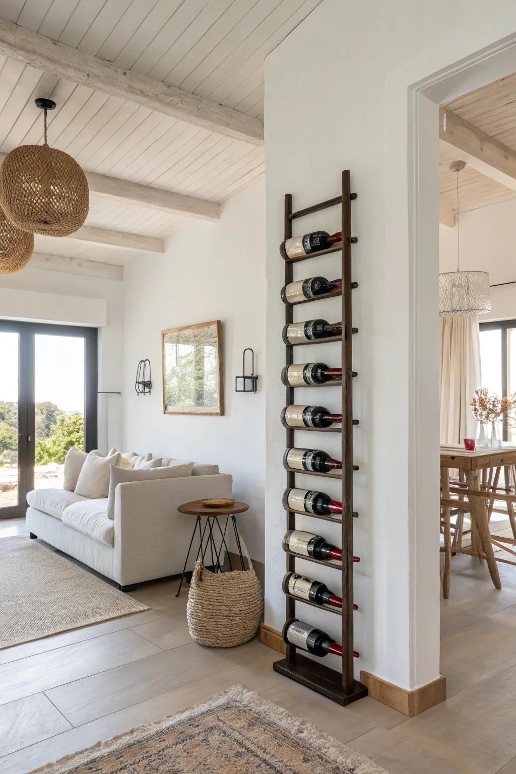A minimalist wall wine rack brings subtle sophistication.