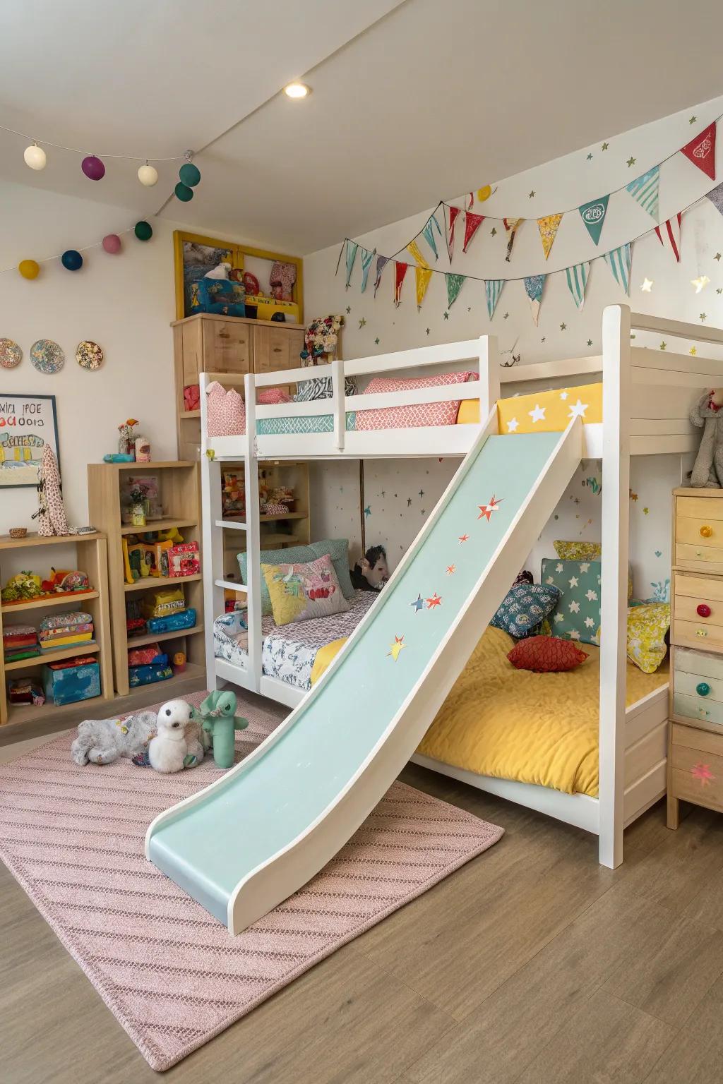 Bunk beds with slides bring a fun-filled element to children's spaces.