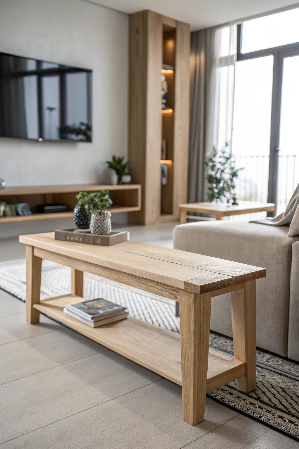 A streamlined, minimalist wooden bench enhancing a modern living room.