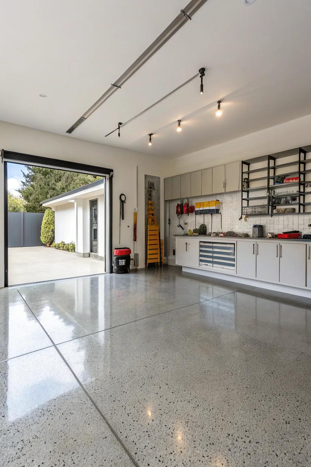 A minimalist garage style with polished floors and elegant storage options.