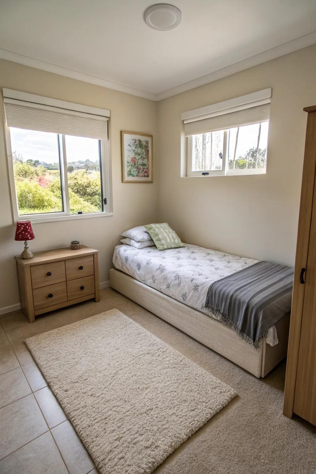 A corner bed maximizes floor space, resulting in a spacious ambiance.