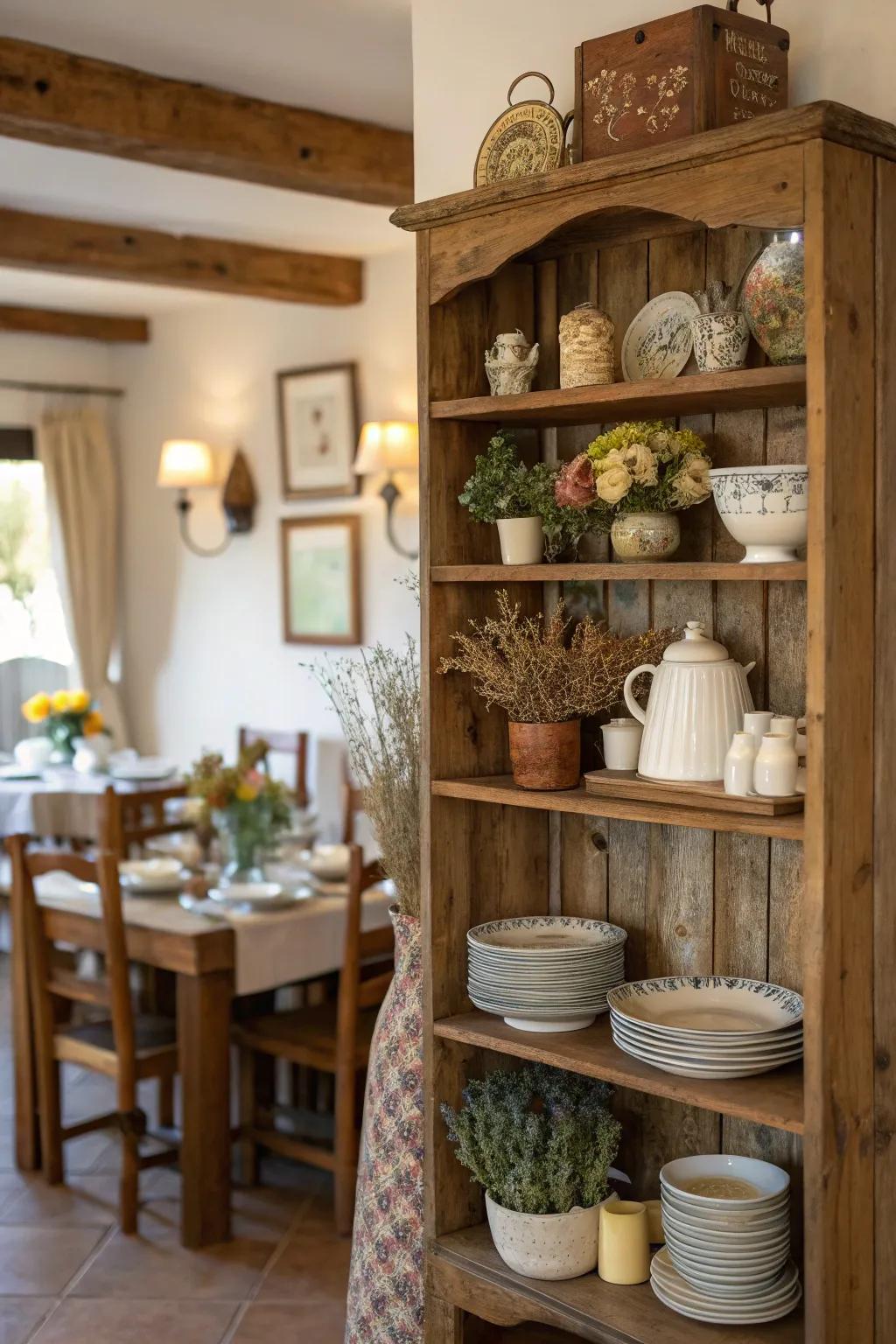 Country wooden shelves bring comfort and appeal to every dining space.