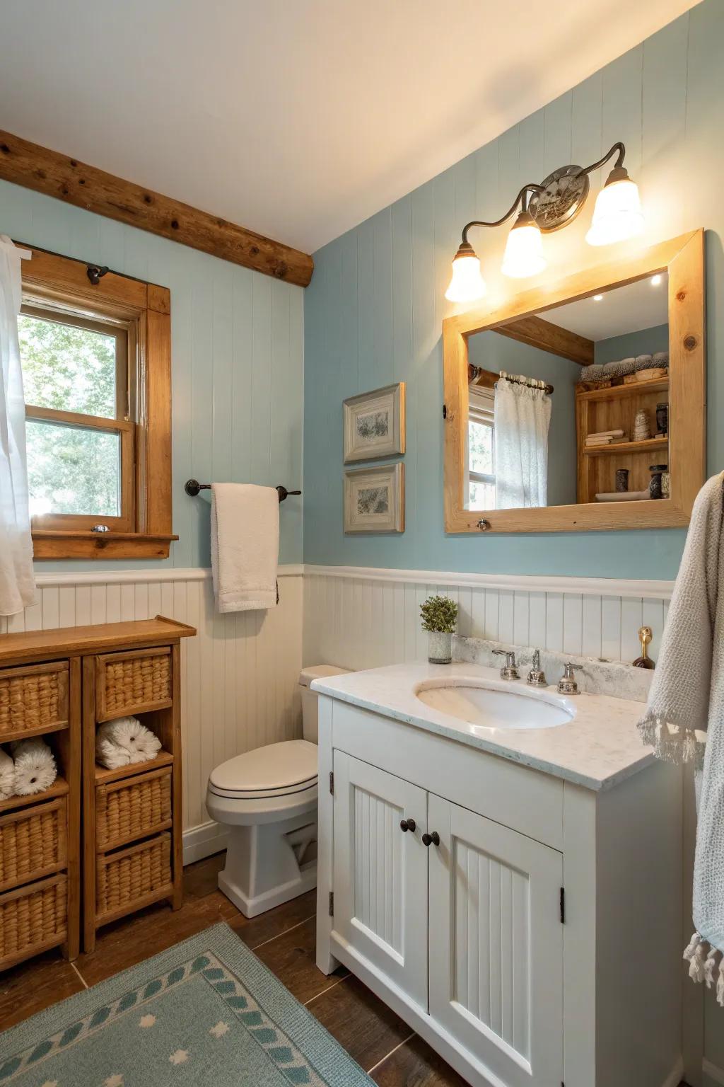 A serene cottage bathroom showcasing gentle blue walls