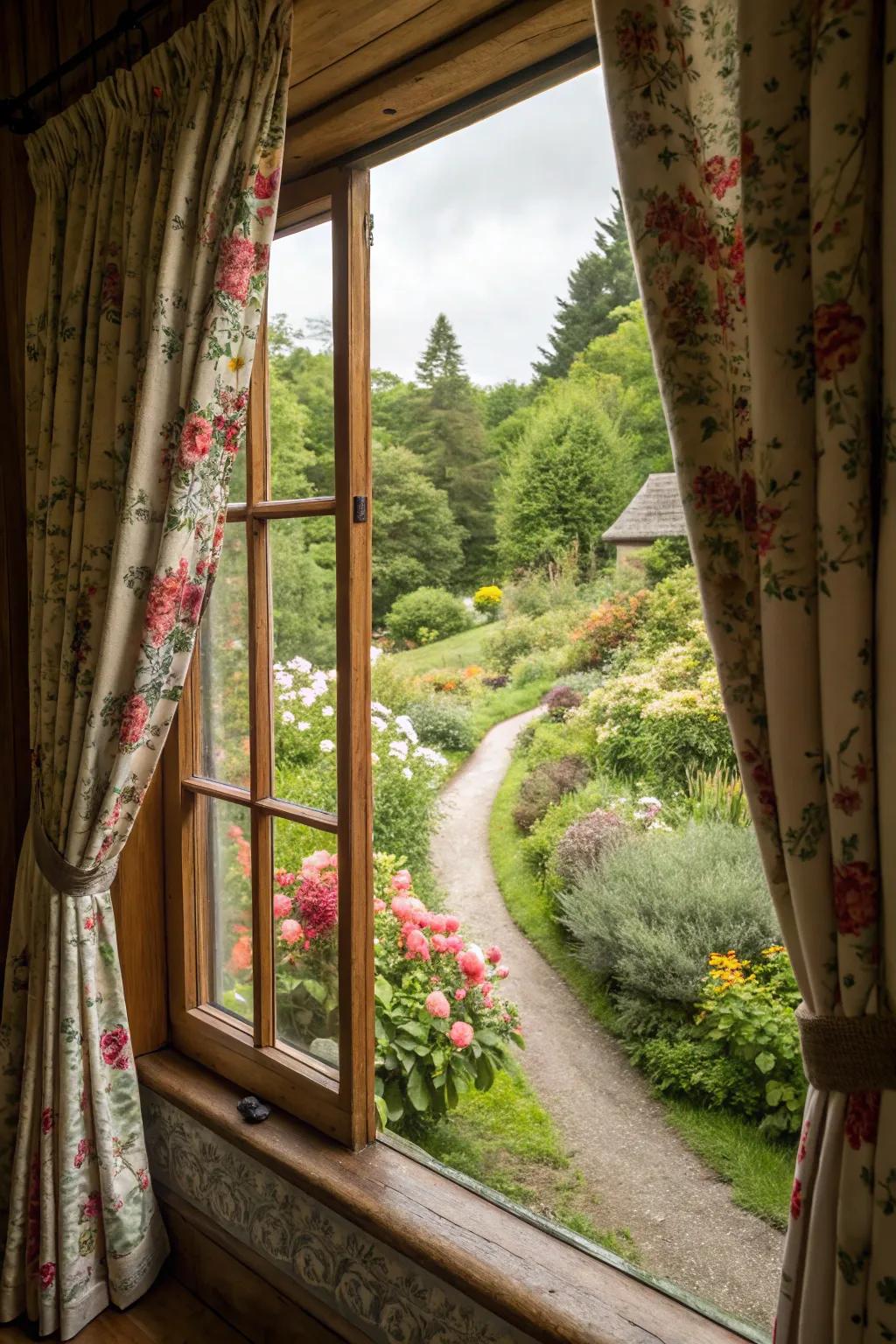 Window coverings with botanical designs bring a garden-fresh charm to your country-style interiors.