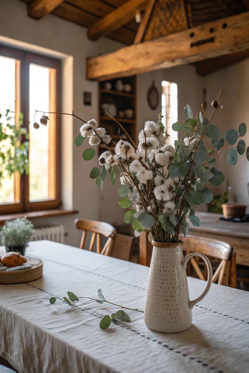 An old-style kitchen point of convergence with cotton and eucalyptus.