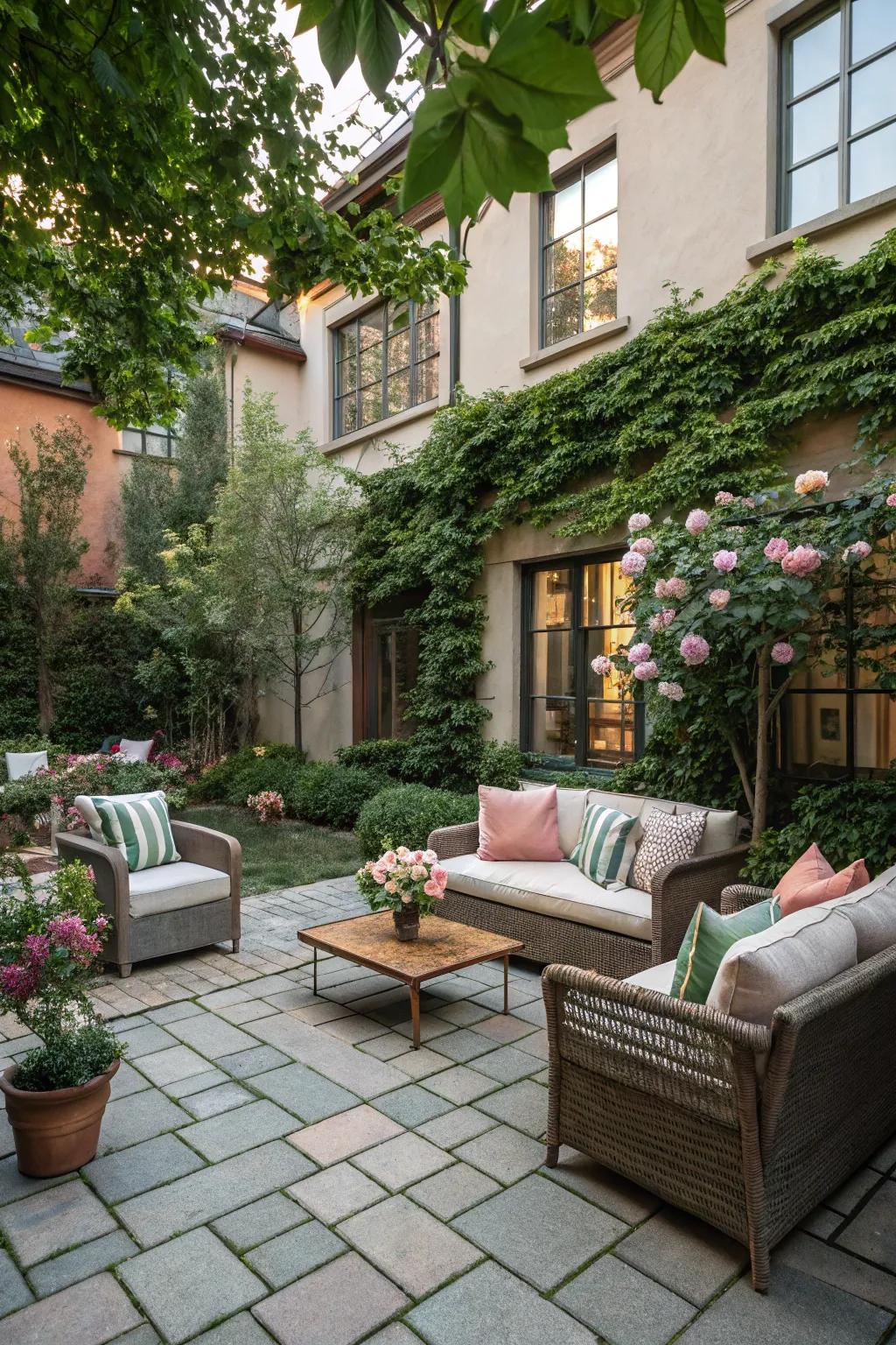 Design a welcoming seating area with comfy furniture on your courtyard pavers.