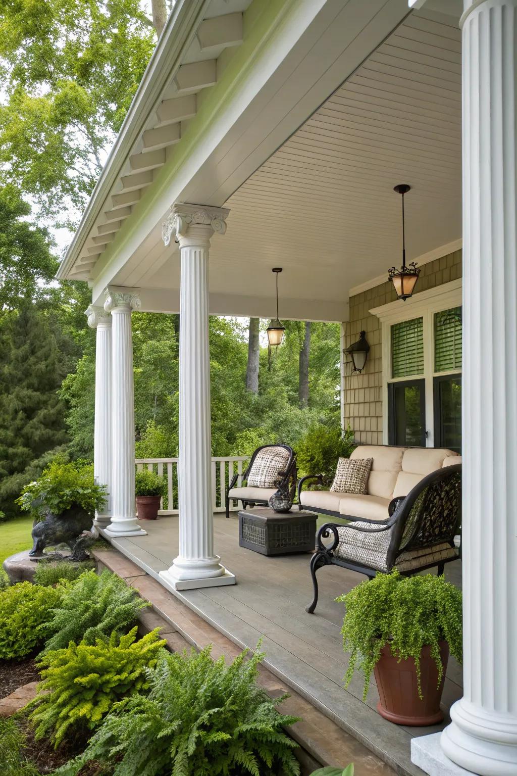 A pitched roof style presents ageless grace and useful protection for your porch.