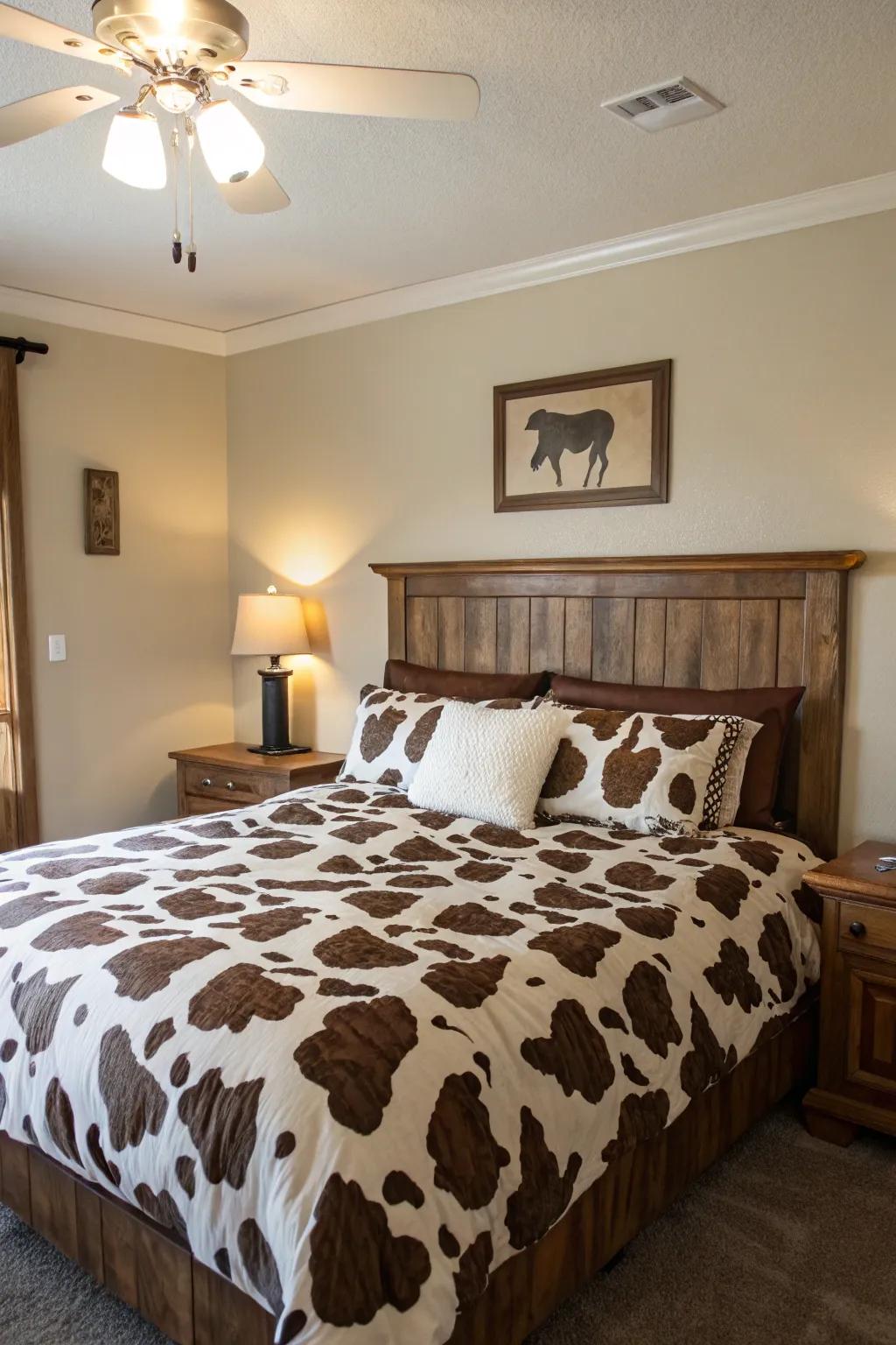 A bovine-inspired duvet contributes a striking and inviting touch to any bedroom.