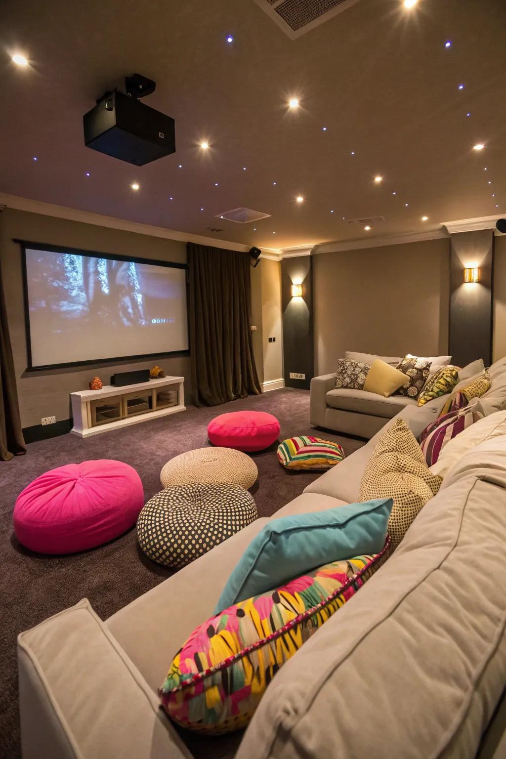 Deluxe seating options and floor cushions enhance your movie marathon.