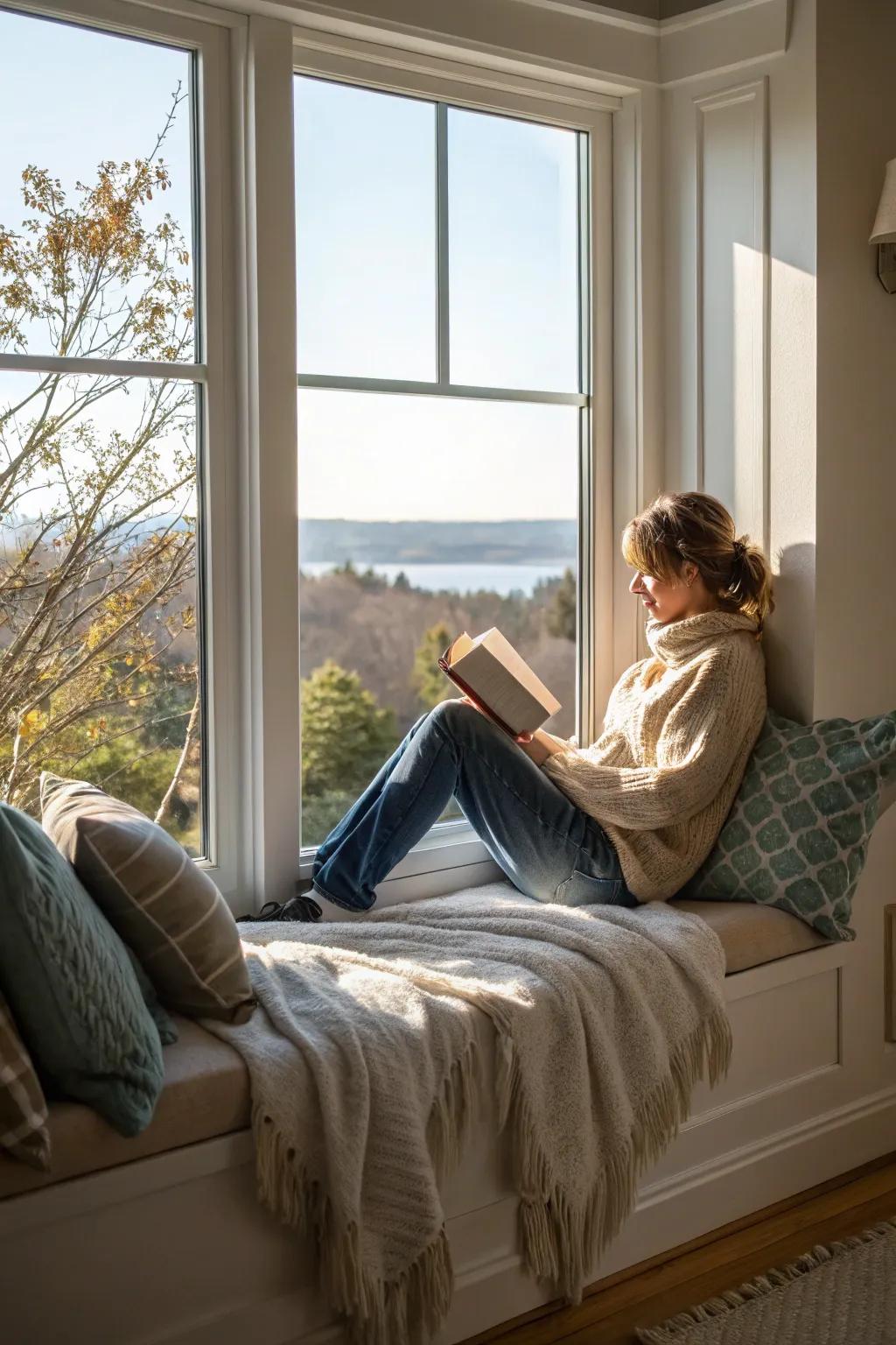A window seat reading nook complete with cushions and a throw offers an amazing cozy retreat with a view.