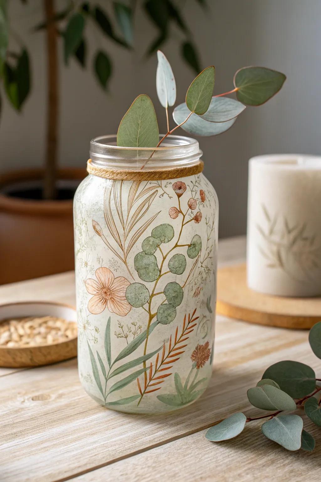 Redesign ordinary containers into artistic ornamental pieces showcasing the charm of the natural world. 🌿✨ #CraftsForAdults #ScandiBoho #DIYDecor