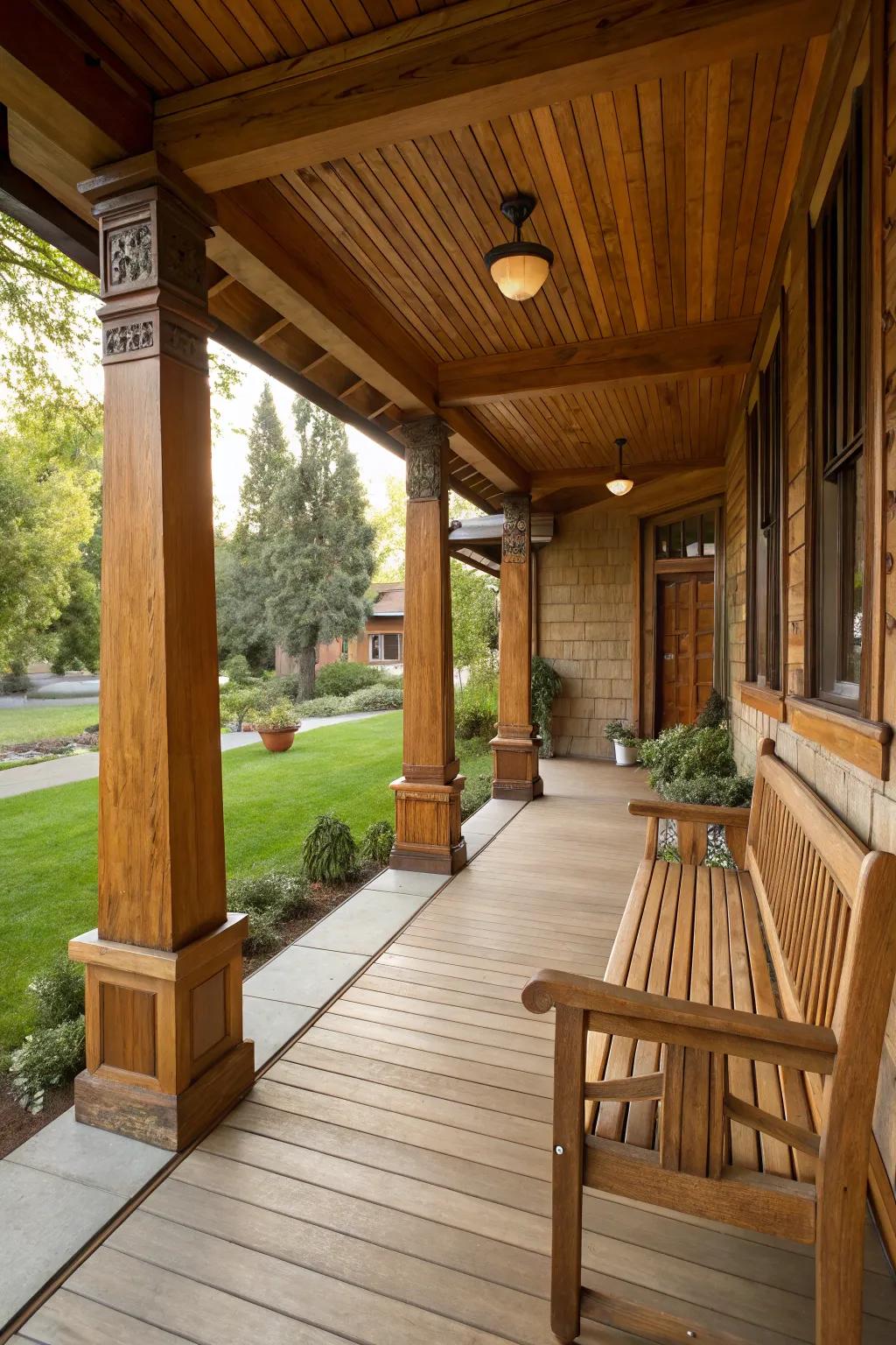 Natural timber pillars heighten the countryside appeal of this Craftsman patio.
