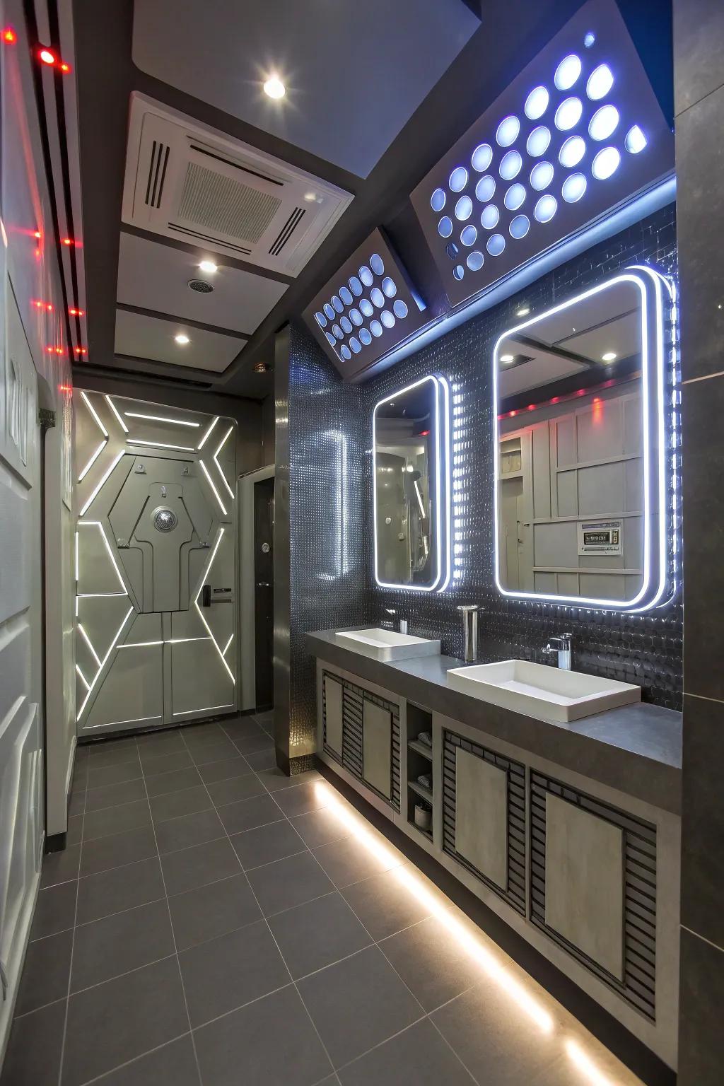 A cutting-edge bathroom showcasing vibrant LED highlights and space-age metallic components.