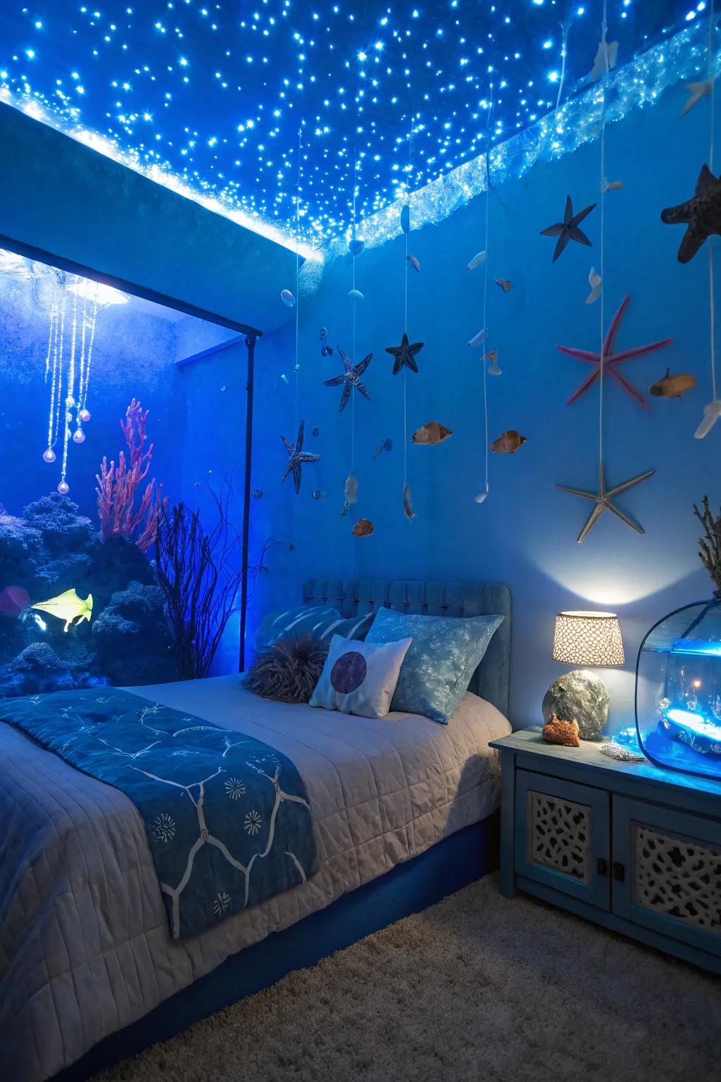 A marine-themed bedroom awash with blue hues and undersea accents.