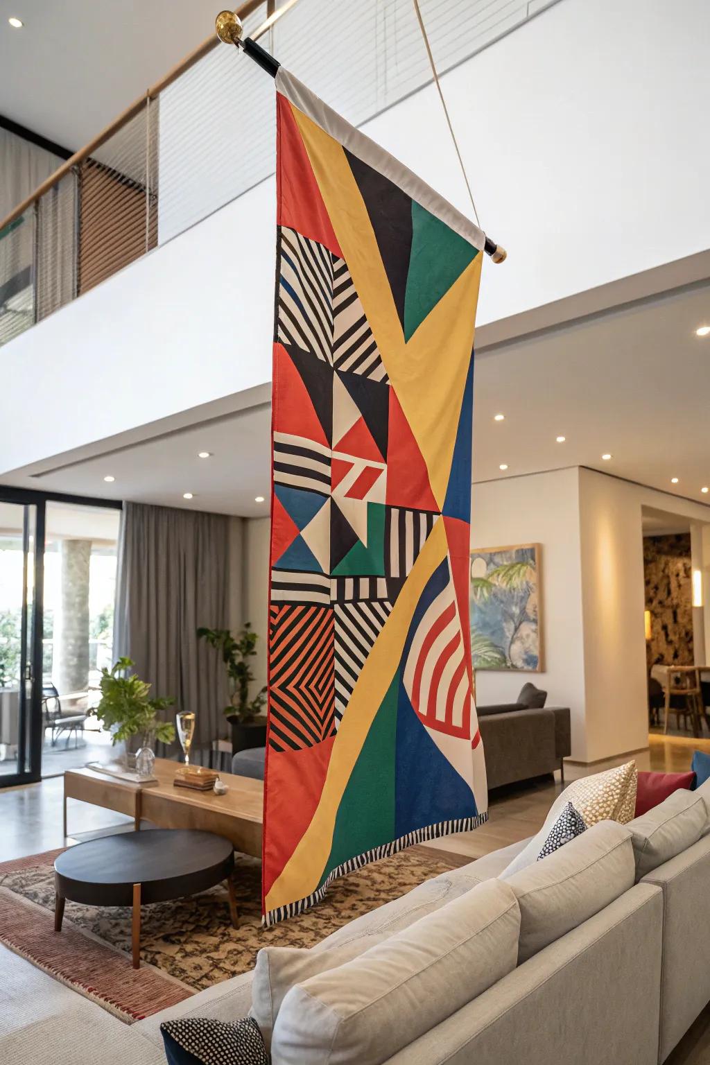 An abstract art pennant brings an explosion of color and creative energy to your living area.