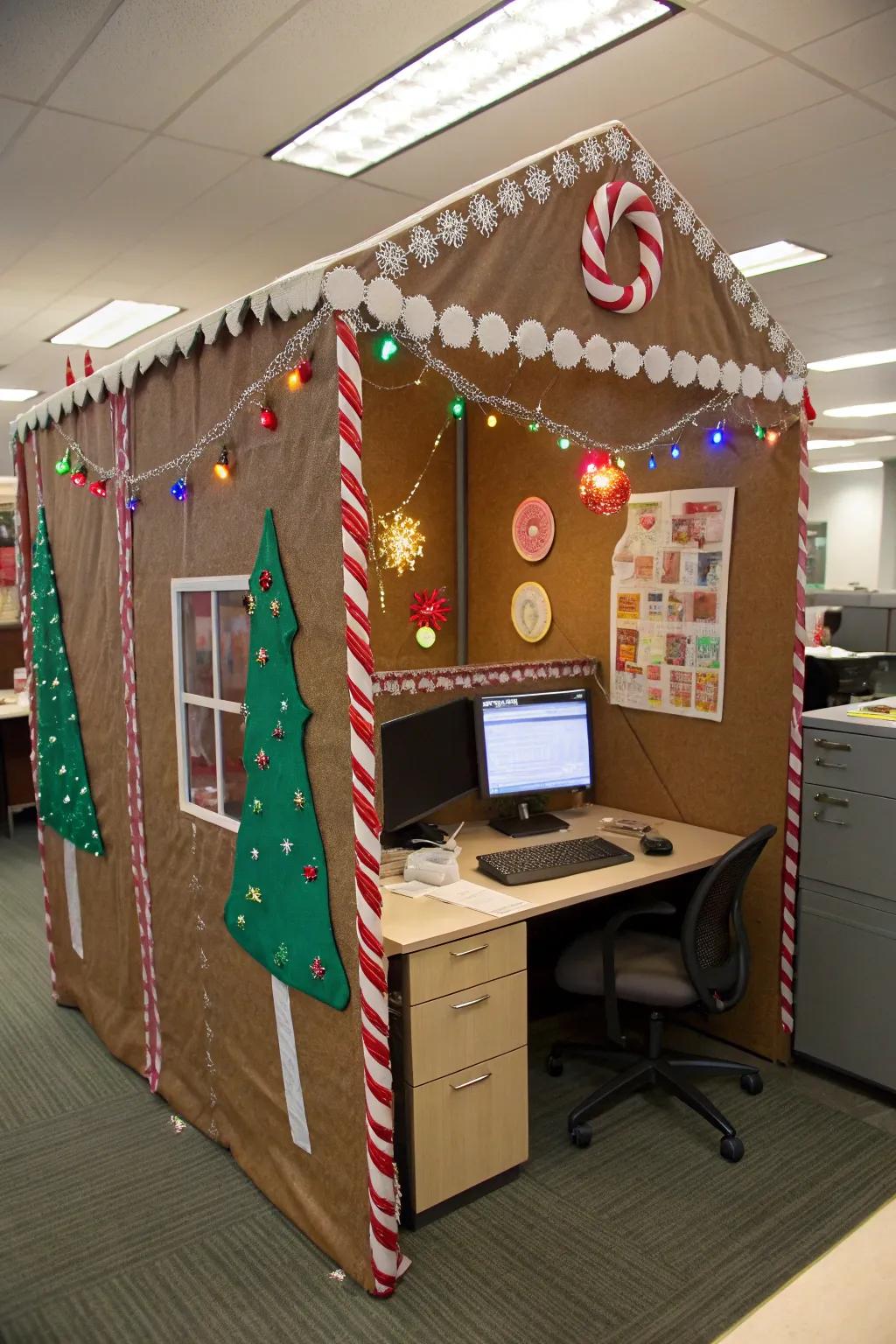 Workspace transformed into a charming confectionary cottage with festive embellishments.