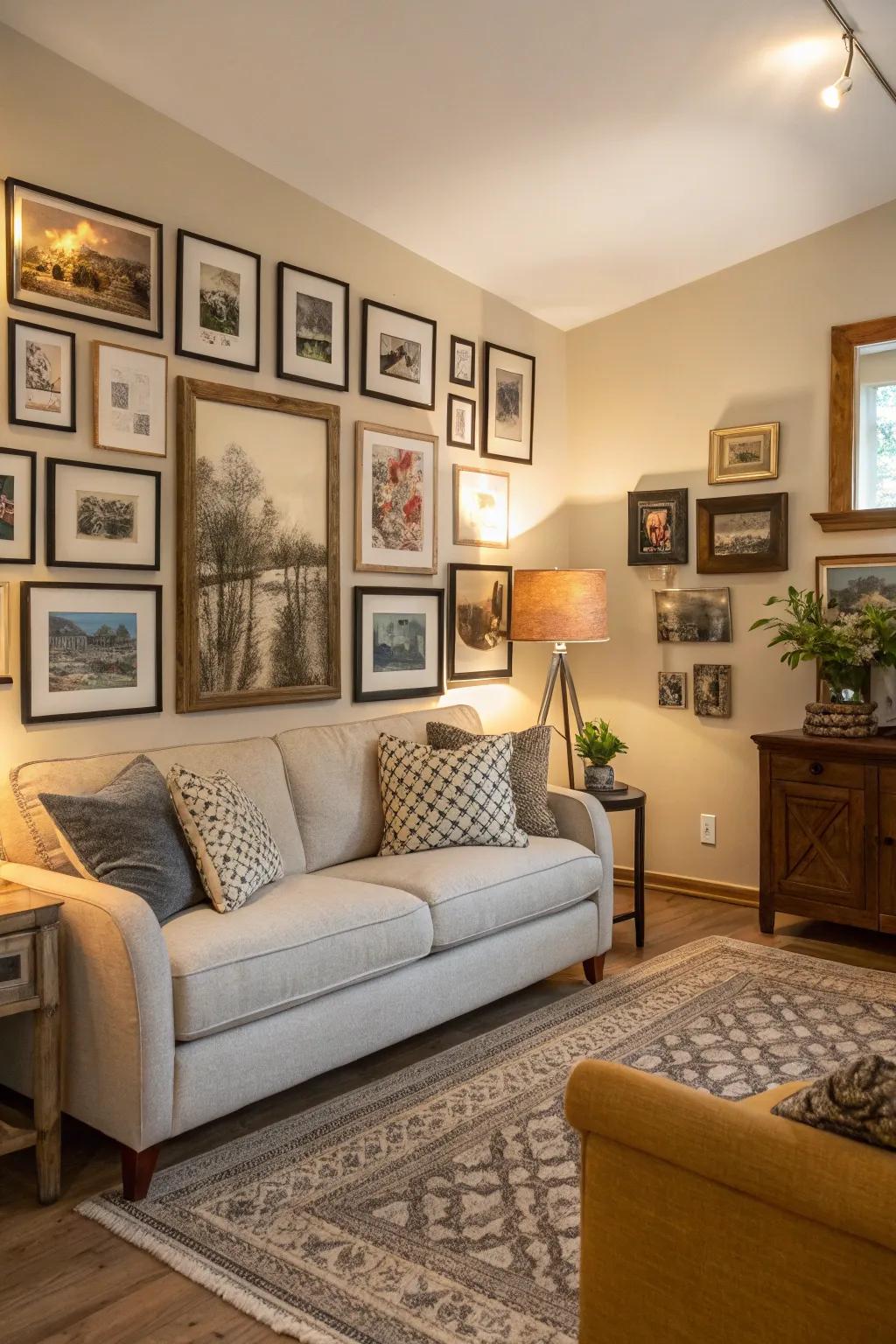 A gallery-style wall can bring warmth and personality to any living area.